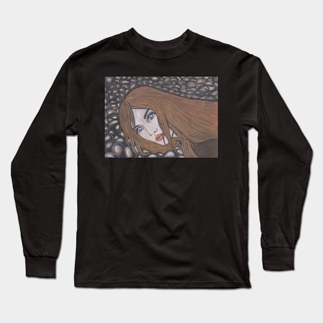 Sad girl on beach stones Long Sleeve T-Shirt by deadblackpony